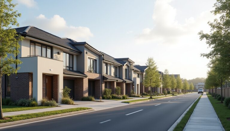 Wide view of a clean residential street in Epping VIC with well-maintained modern homes, neat lawns, landscaped gardens, young trees and a quiet suburban setting under a bright sky.
