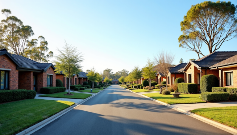 Wide view of a clean residential street in Glenroy VIC with well-maintained brick homes, neat lawns, trimmed hedges, mature trees and a quiet suburban setting under a clear blue sky.
