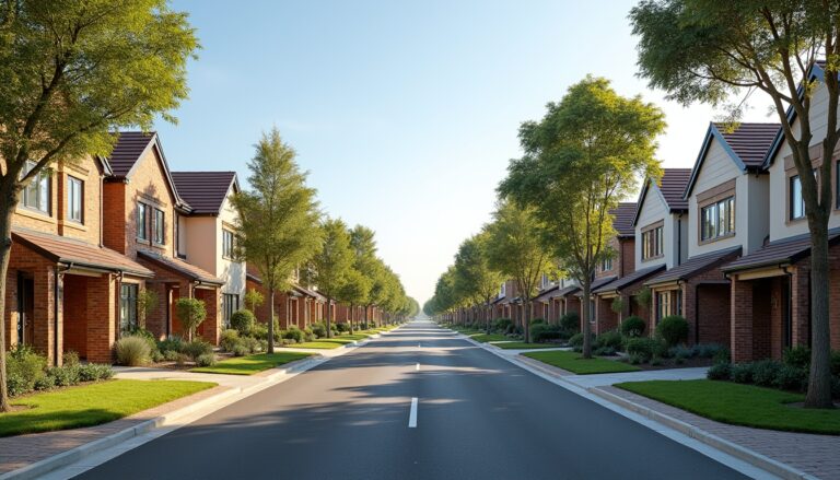 Wide view of a clean residential street in Lalor VIC with well-maintained brick homes, neat lawns, landscaped gardens, mature trees and a quiet suburban setting under a clear blue sky.