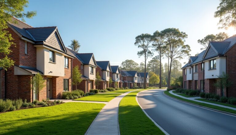 Wide view of a clean residential street in Wollert VIC with well-maintained brick homes, neat lawns, landscaped gardens, mature trees and a quiet suburban setting at golden hour.